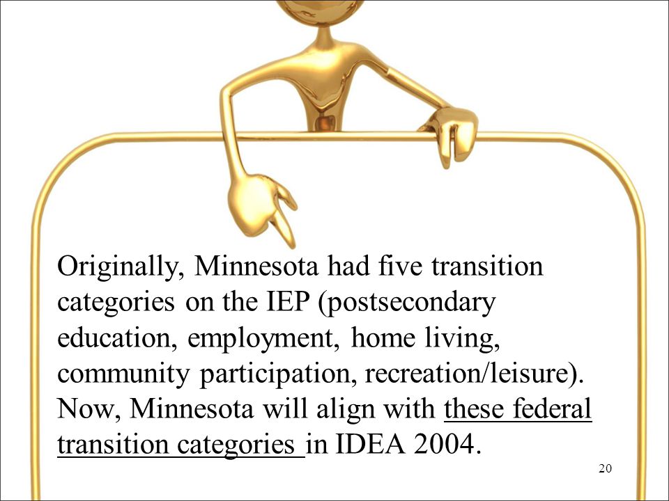 20 Originally, Minnesota had five transition categories on the IEP (postsecondary education, employment, home living, community participation, recreation/leisure).