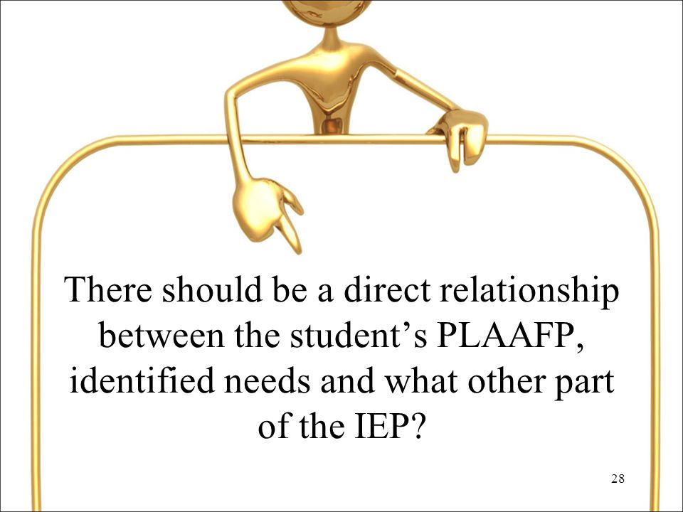 28 There should be a direct relationship between the student’s PLAAFP, identified needs and what other part of the IEP
