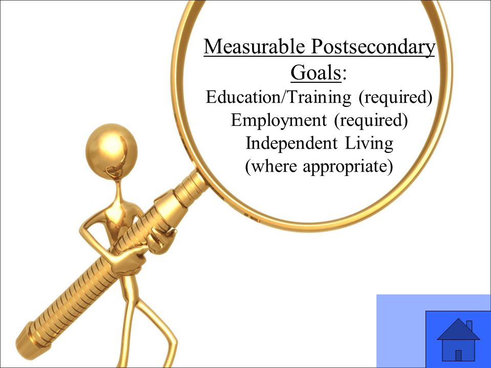 33 Measurable Postsecondary Goals: Education/Training (required) Employment (required) Independent Living (where appropriate)