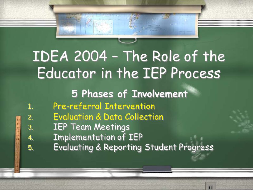 IDEA 2004 – The Role of the Educator in the IEP Process 5 Phases of Involvement 1.
