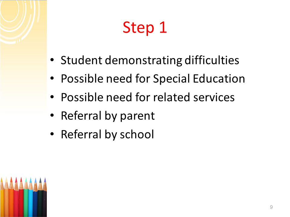 Step 1 Student demonstrating difficulties Possible need for Special Education Possible need for related services Referral by parent Referral by school 9