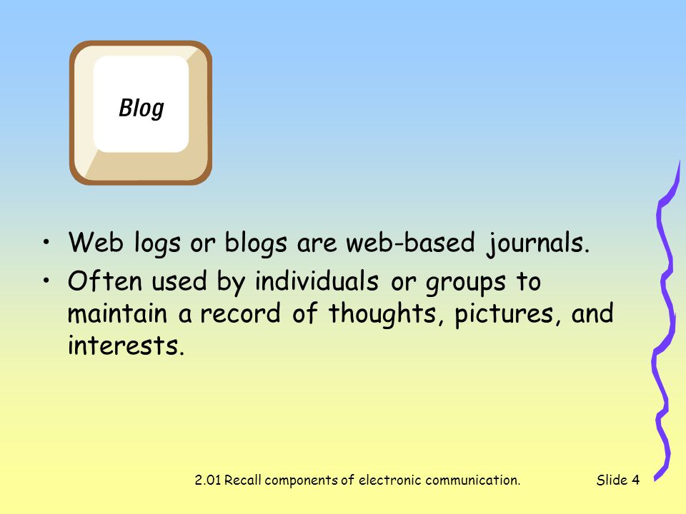 2.01 Recall components of electronic communication.Slide 4 Web logs or blogs are web-based journals.