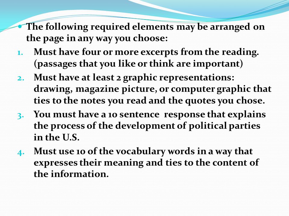 The following required elements may be arranged on the page in any way you choose: 1.