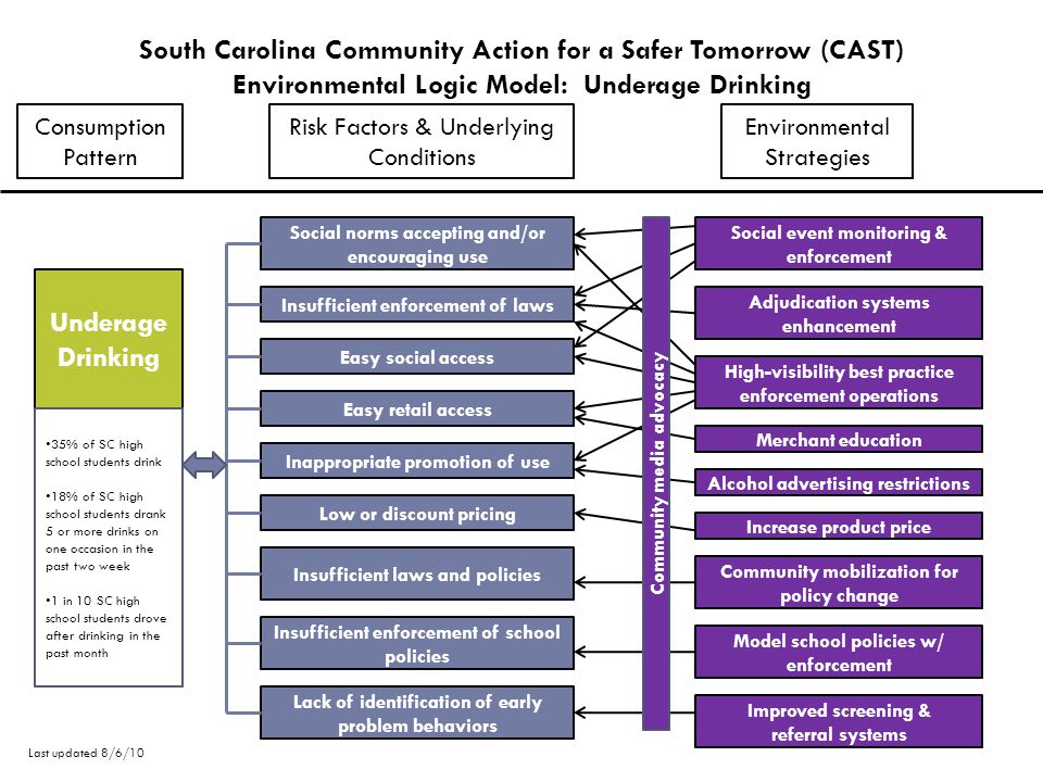 South Carolina Community Action for a Safer Tomorrow (CAST) Environmental Logic Model: Underage Drinking Consumption Pattern Risk Factors & Underlying Conditions Environmental Strategies Social norms accepting and/or encouraging use Insufficient enforcement of laws Easy social access Inappropriate promotion of use Low or discount pricing Insufficient enforcement of school policies Easy retail access Lack of identification of early problem behaviors Underage Drinking Social event monitoring & enforcement High-visibility best practice enforcement operations Adjudication systems enhancement Merchant education Alcohol advertising restrictions Increase product price Model school policies w/ enforcement Improved screening & referral systems Insufficient laws and policies Community mobilization for policy change 35% of SC high school students drink 18% of SC high school students drank 5 or more drinks on one occasion in the past two week 1 in 10 SC high school students drove after drinking in the past month Community media advocacy Last updated 8/6/10