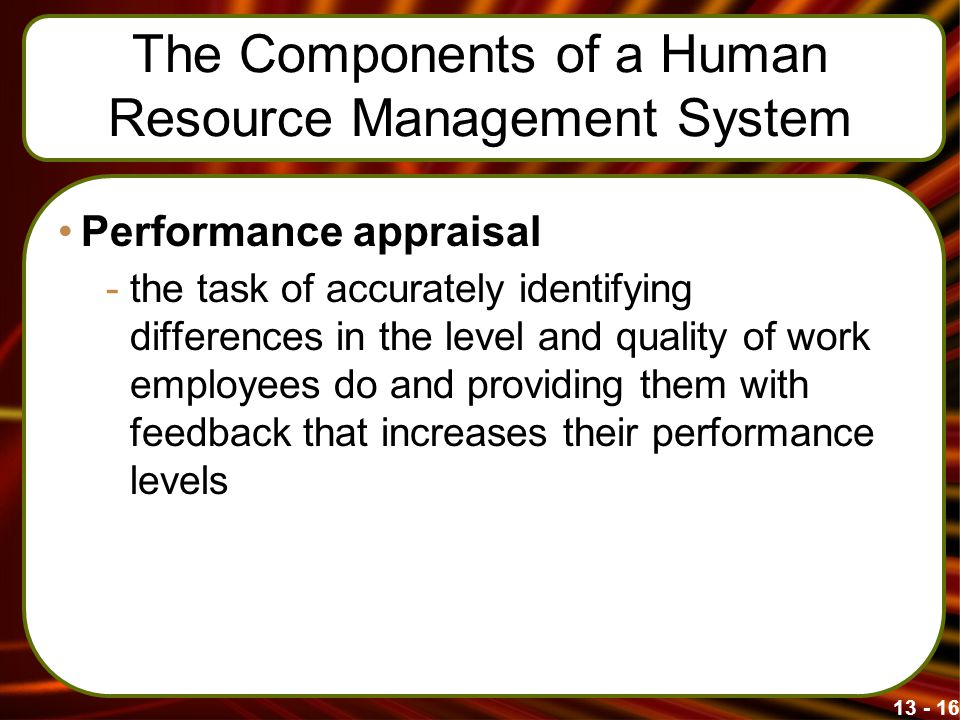 The Components of a Human Resource Management System Performance appraisal -the task of accurately identifying differences in the level and quality of work employees do and providing them with feedback that increases their performance levels