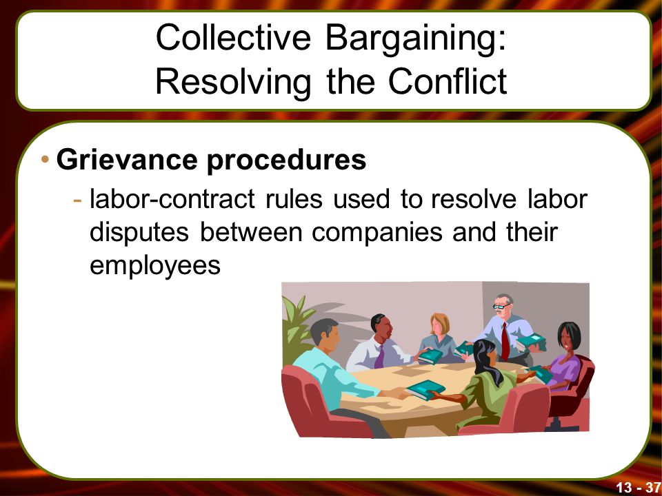 Collective Bargaining: Resolving the Conflict Grievance procedures -labor-contract rules used to resolve labor disputes between companies and their employees