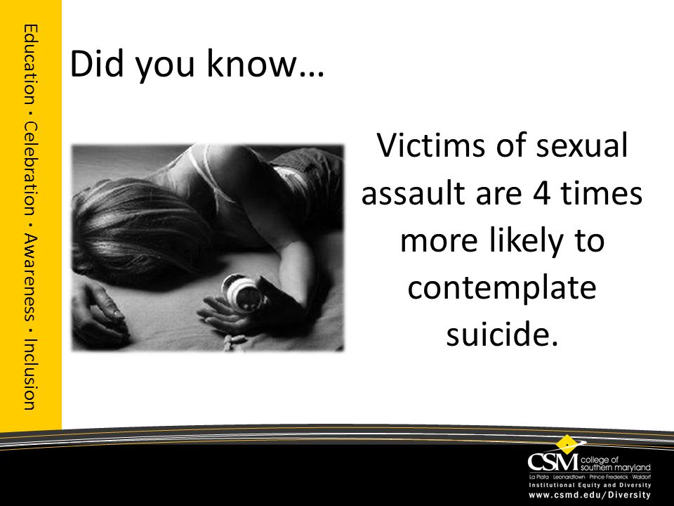 Did you know… Education · Celebration · Awareness · Inclusion Victims of sexual assault are 4 times more likely to contemplate suicide.