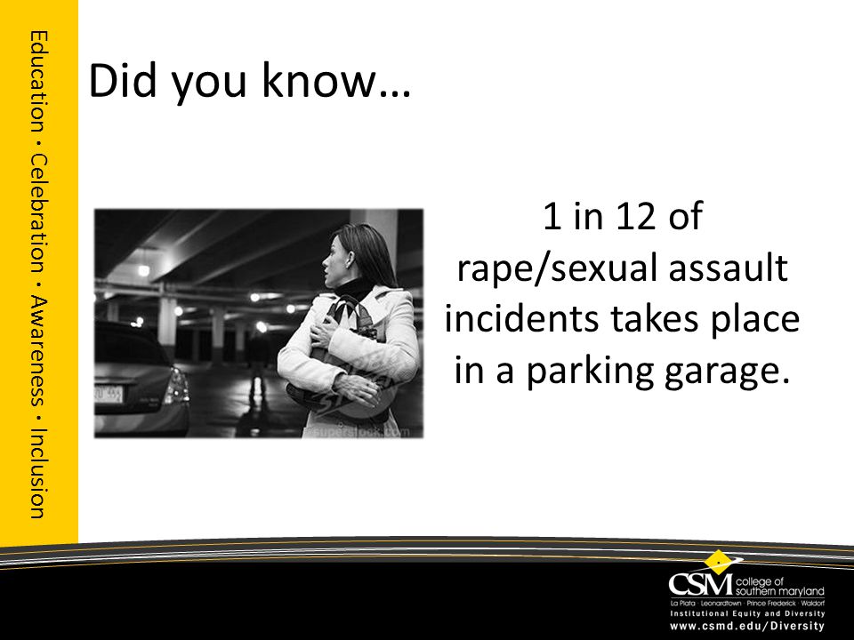 Did you know… Education · Celebration · Awareness · Inclusion 1 in 12 of rape/sexual assault incidents takes place in a parking garage.