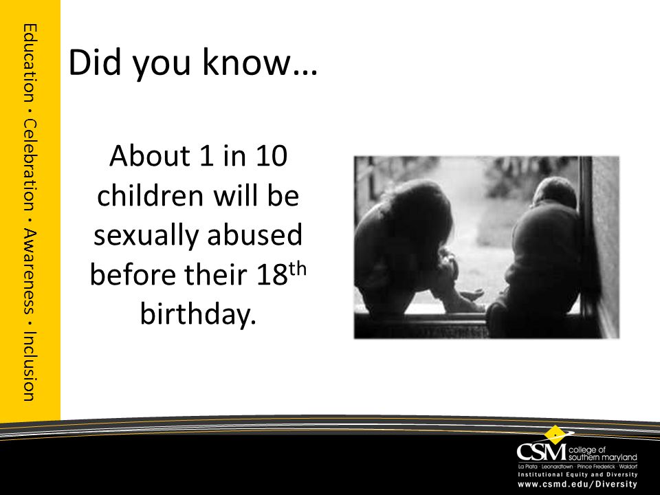Did you know… Education · Celebration · Awareness · Inclusion About 1 in 10 children will be sexually abused before their 18 th birthday.