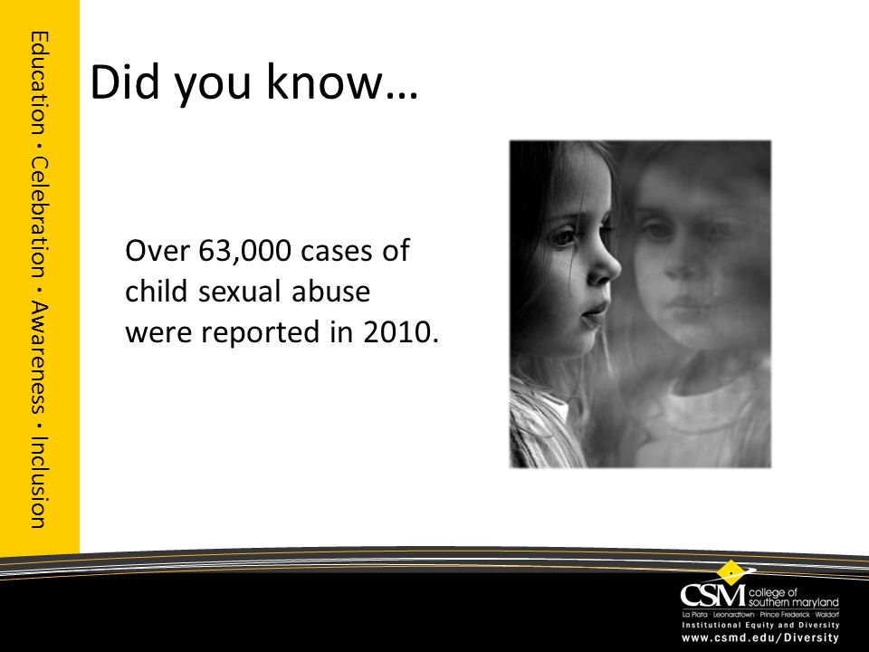 Did you know… Education · Celebration · Awareness · Inclusion Over 63,000 cases of child sexual abuse were reported in 2010.