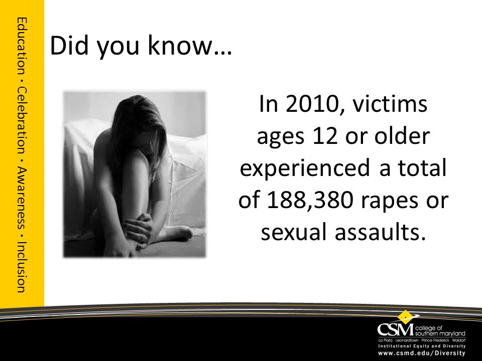 Did you know… In 2010, victims ages 12 or older experienced a total of 188,380 rapes or sexual assaults.