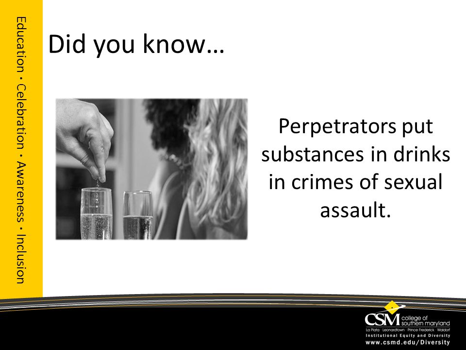 Did you know… Education · Celebration · Awareness · Inclusion Perpetrators put substances in drinks in crimes of sexual assault.