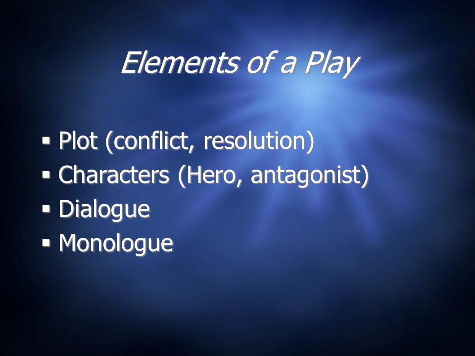 Elements of a Play  Plot (conflict, resolution)  Characters (Hero, antagonist)  Dialogue  Monologue  Plot (conflict, resolution)  Characters (Hero, antagonist)  Dialogue  Monologue