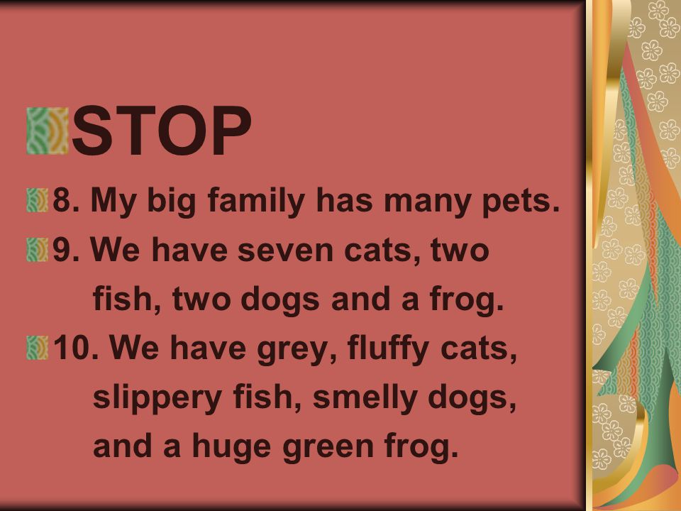 STOP 8. My big family has many pets. 9. We have seven cats, two fish, two dogs and a frog.