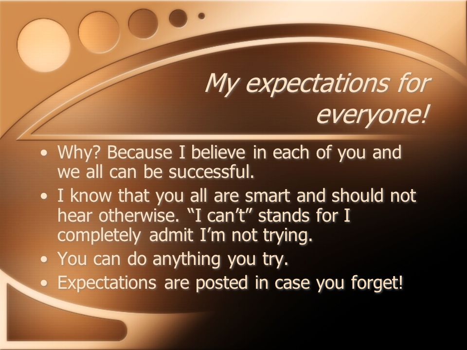 My expectations for everyone. Why. Because I believe in each of you and we all can be successful.