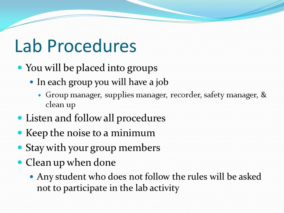 Lab Procedures You will be placed into groups In each group you will have a job Group manager, supplies manager, recorder, safety manager, & clean up Listen and follow all procedures Keep the noise to a minimum Stay with your group members Clean up when done Any student who does not follow the rules will be asked not to participate in the lab activity