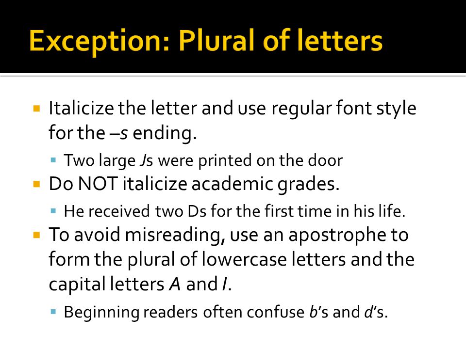  Italicize the letter and use regular font style for the –s ending.