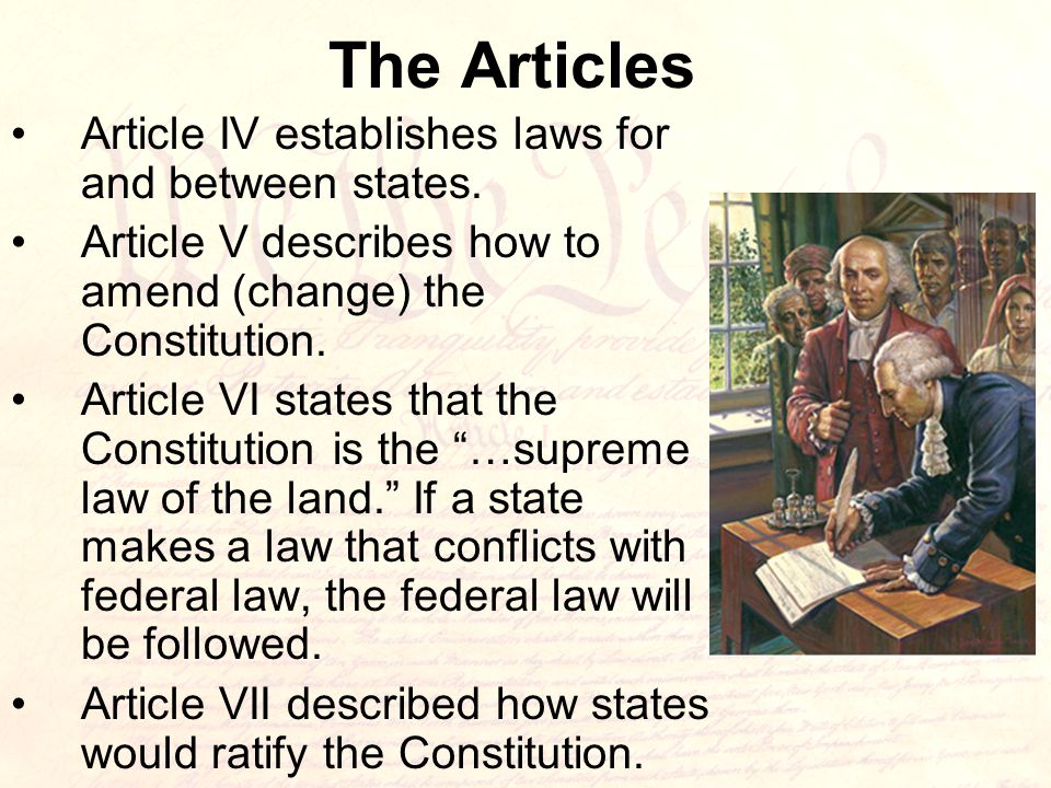 The Articles Article IV establishes laws for and between states.