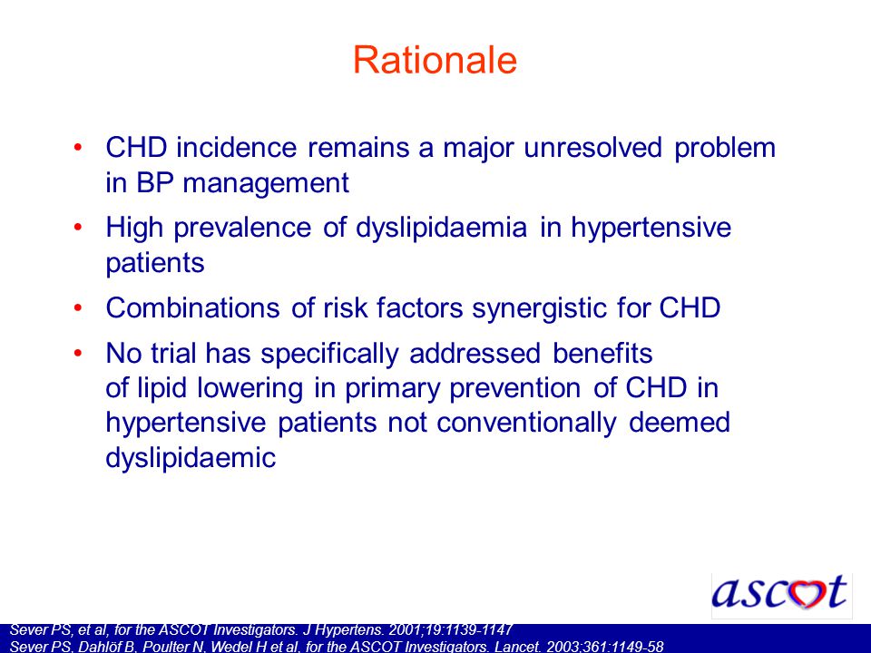 Rationale CHD incidence remains a major unresolved problem in BP management High prevalence of dyslipidaemia in hypertensive patients Combinations of risk factors synergistic for CHD No trial has specifically addressed benefits of lipid lowering in primary prevention of CHD in hypertensive patients not conventionally deemed dyslipidaemic Sever PS, et al, for the ASCOT Investigators.