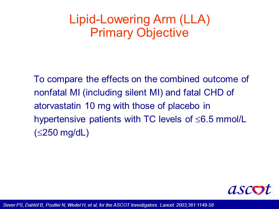 Lipid-Lowering Arm (LLA) Primary Objective To compare the effects on the combined outcome of nonfatal MI (including silent MI) and fatal CHD of atorvastatin 10 mg with those of placebo in hypertensive patients with TC levels of  6.5 mmol/L (  250 mg/dL) Sever PS, Dahlöf B, Poulter N, Wedel H, et al, for the ASCOT Investigators.