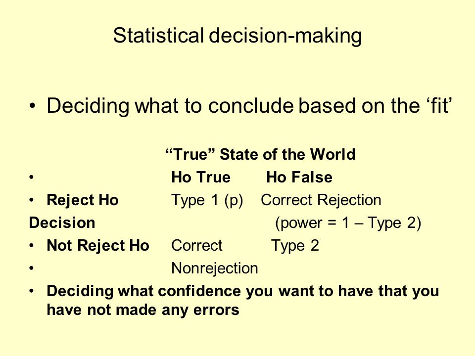 Statistical decision-making Deciding what to conclude based on the ‘fit’ True State of the World Ho TrueHo False Reject Ho Type 1 (p) Correct Rejection Decision (power = 1 – Type 2) Not Reject HoCorrect Type 2 Nonrejection Deciding what confidence you want to have that you have not made any errors