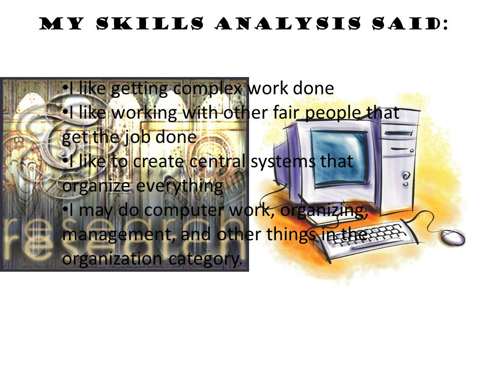 My skills analysis said: I like getting complex work done I like working with other fair people that get the job done I like to create central systems that organize everything I may do computer work, organizing, management, and other things in the organization category.