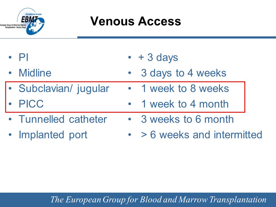 The European Group for Blood and Marrow Transplantation Venous Access PI Midline Subclavian/ jugular PICC Tunnelled catheter Implanted port + 3 days 3 days to 4 weeks 1 week to 8 weeks 1 week to 4 month 3 weeks to 6 month > 6 weeks and intermitted