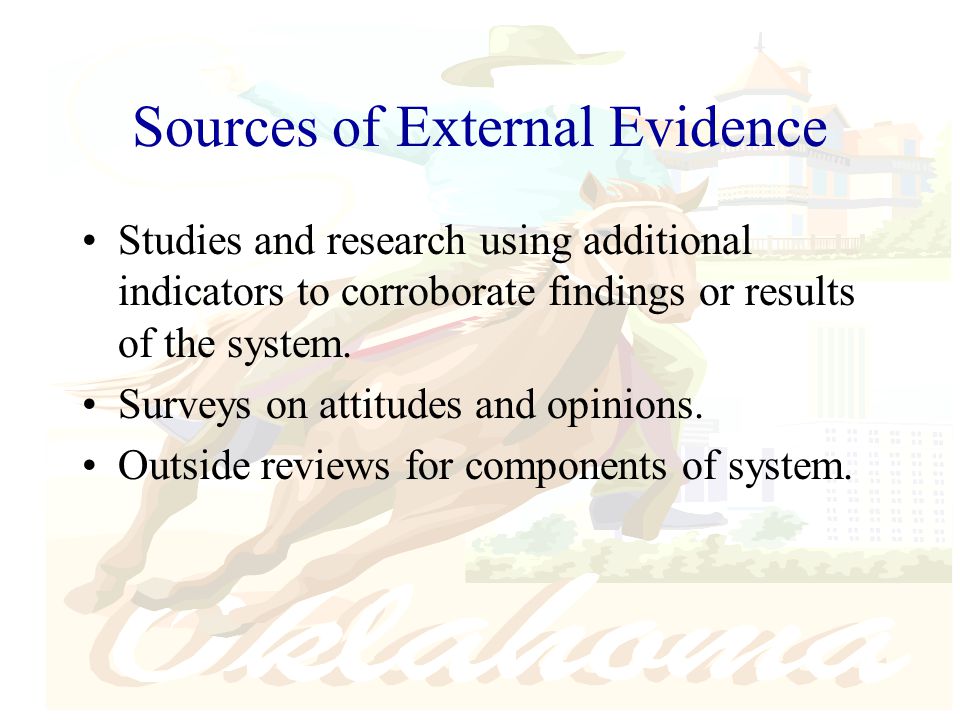 Sources of External Evidence Studies and research using additional indicators to corroborate findings or results of the system.