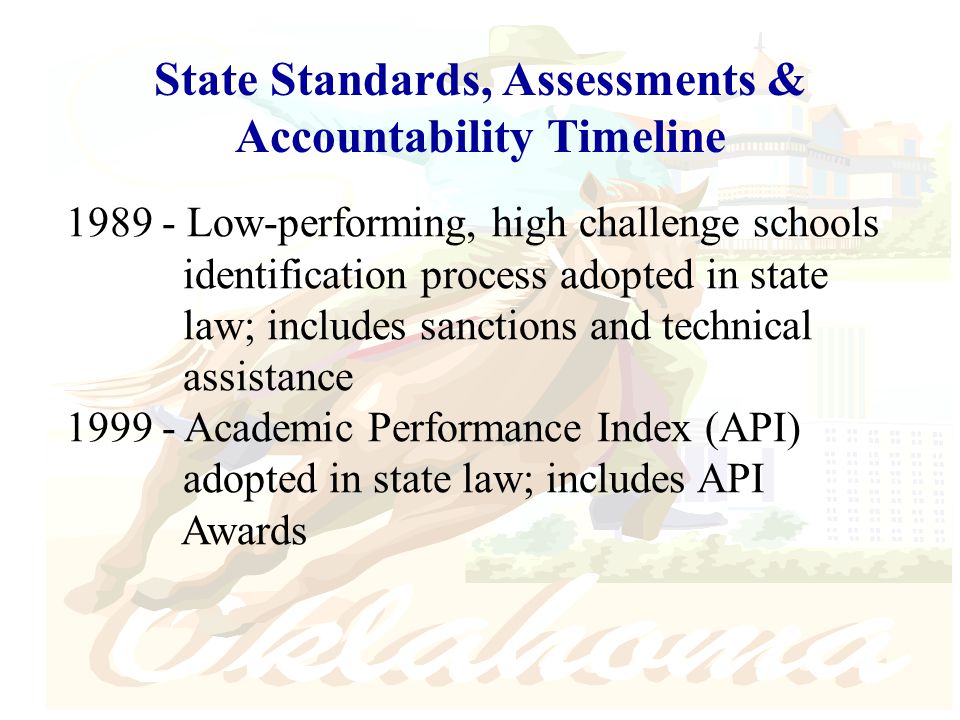 Low-performing, high challenge schools identification process adopted in state law; includes sanctions and technical assistance Academic Performance Index (API) adopted in state law; includes API Awards State Standards, Assessments & Accountability Timeline