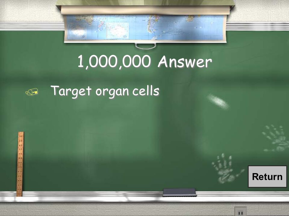 1,000,000 Question / Body cells that react to a particular hormone are called: / Cyclic AMP cells / Messenger hypothesis cells / Neurosecretory cells / Target organ cells / Body cells that react to a particular hormone are called: / Cyclic AMP cells / Messenger hypothesis cells / Neurosecretory cells / Target organ cells