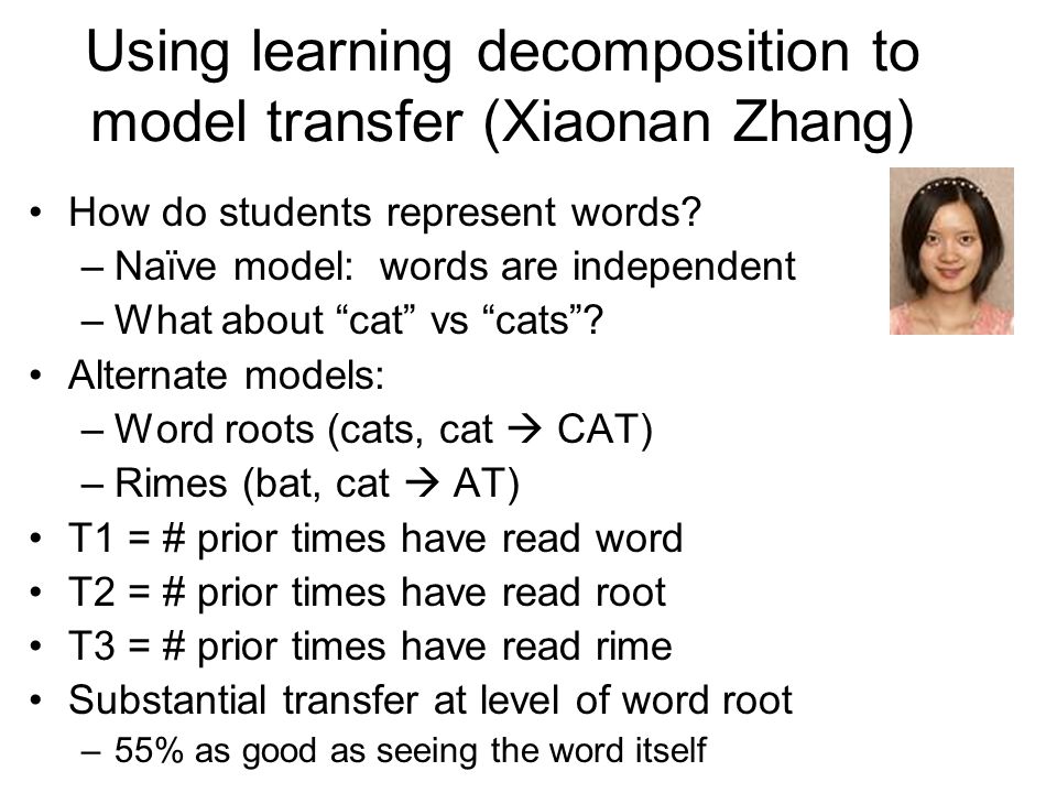 Using learning decomposition to model transfer (Xiaonan Zhang) How do students represent words.