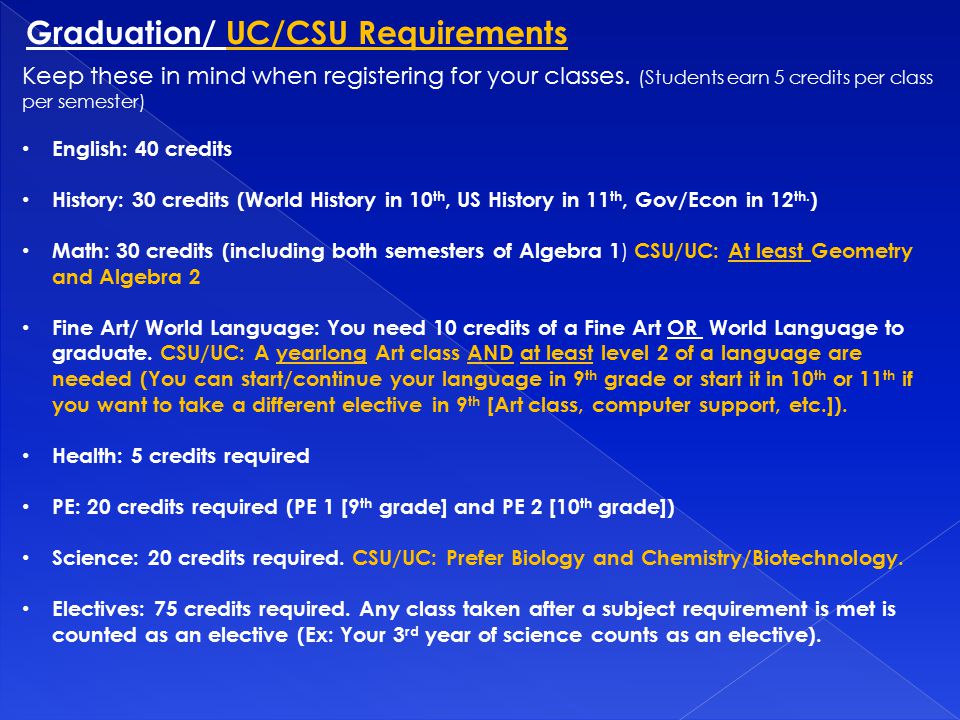 Graduation/ UC/CSU Requirements Keep these in mind when registering for your classes.