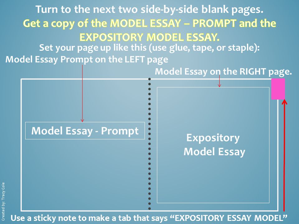 Model Essay - Prompt Expository Model Essay Set your page up like this (use glue, tape, or staple): Model Essay Prompt on the LEFT page Model Essay on the RIGHT page.