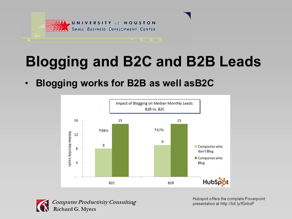 Blogging and B2C and B2B Leads Blogging works for B2B as well asB2C Computer Productivity Consulting Richard G.