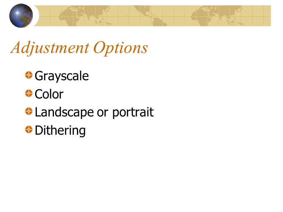 Adjustment Options Grayscale Color Landscape or portrait Dithering