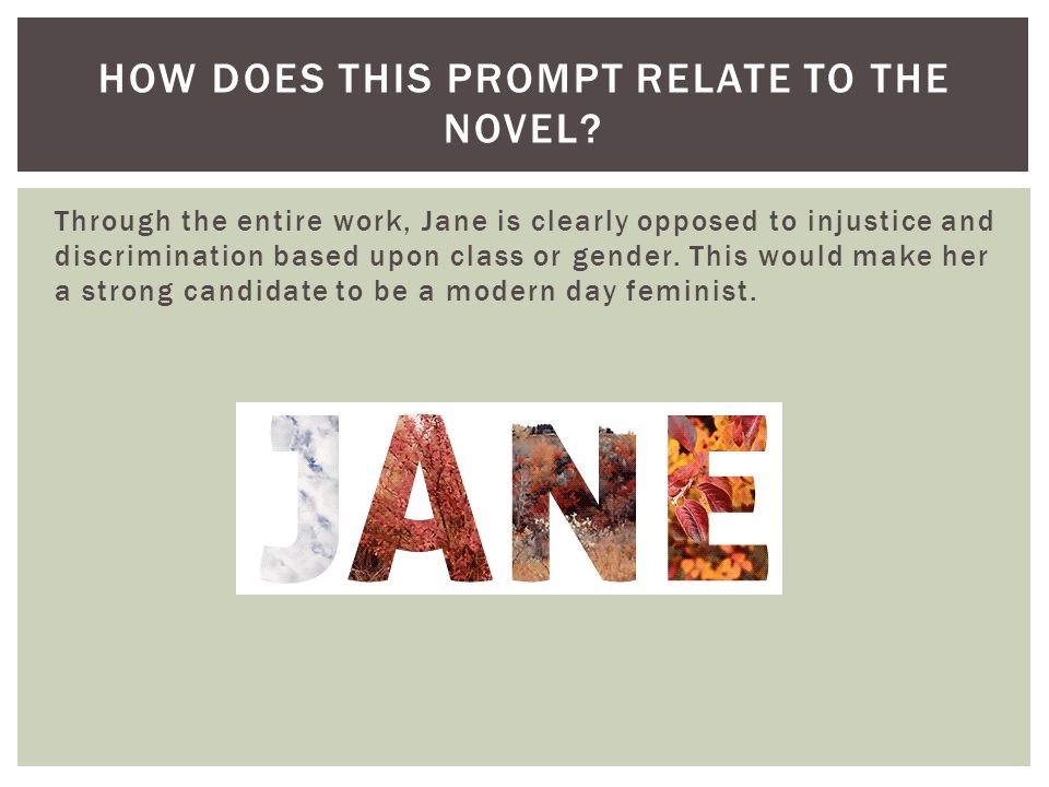 Through the entire work, Jane is clearly opposed to injustice and discrimination based upon class or gender.