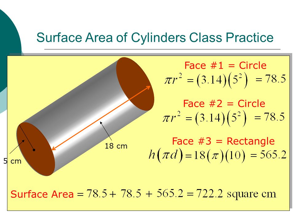 Surface Area of Cylinders Class Practice 5 cm 18 cm Face #1 = Circle Face #2 = Circle Face #3 = Rectangle Surface Area