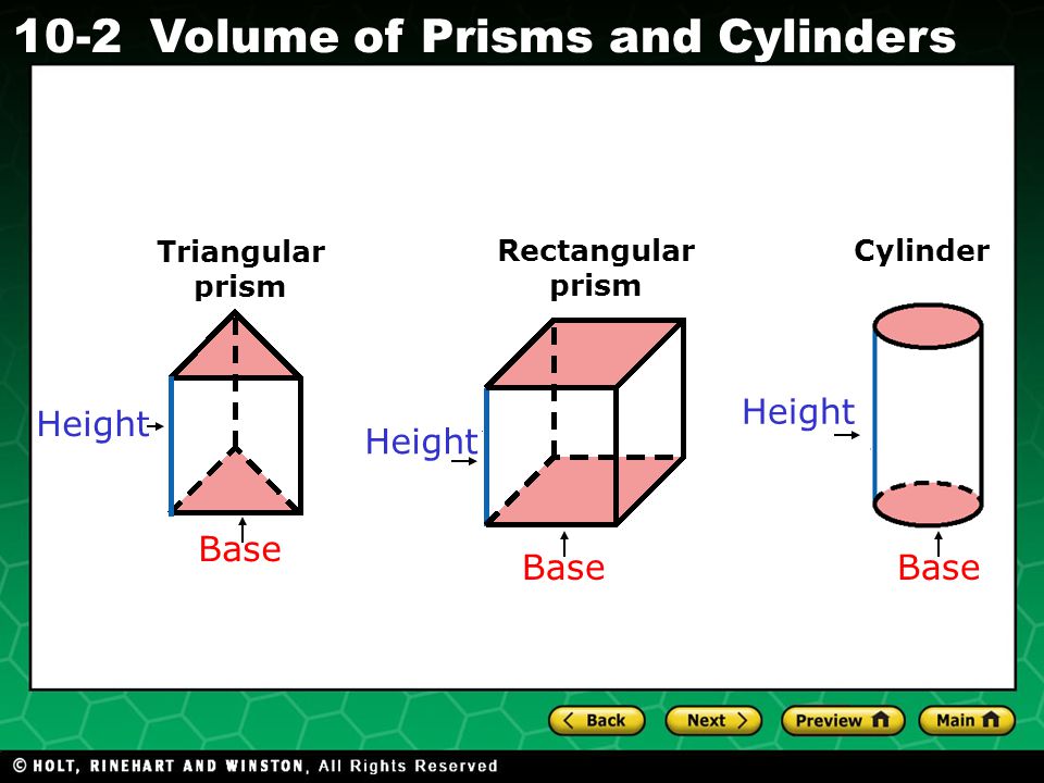 Holt CA Course Volume of Prisms and Cylinders Height Triangular prism Rectangular prism Cylinder Base Height Base Height Base