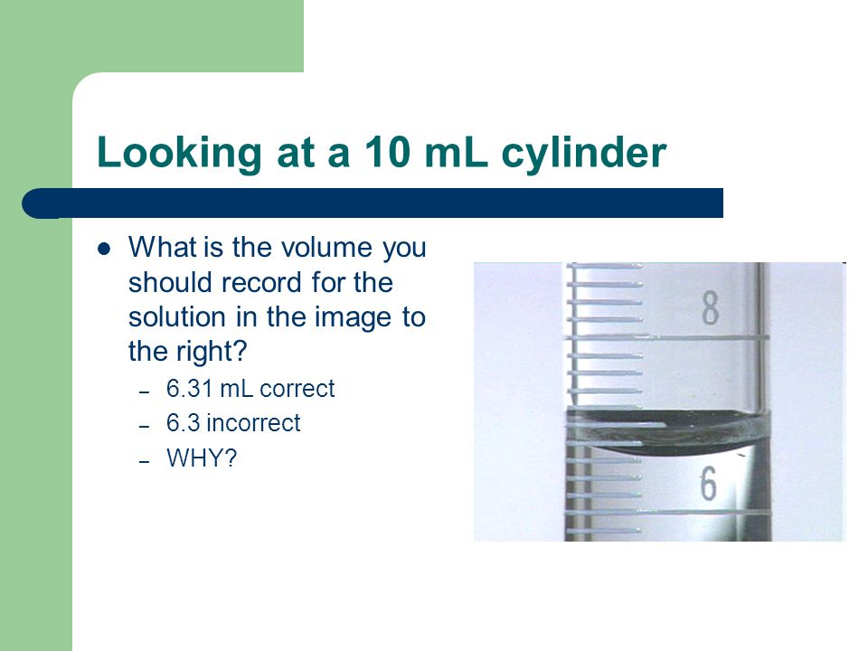 Looking at a 10 mL cylinder What is the volume you should record for the solution in the image to the right.
