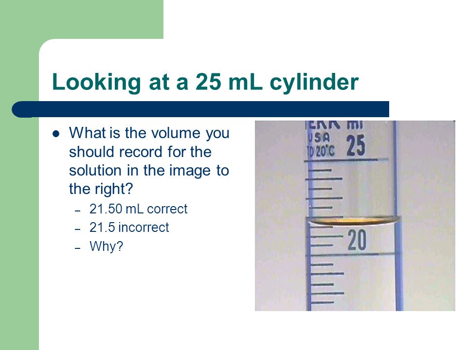 Looking at a 25 mL cylinder What is the volume you should record for the solution in the image to the right.