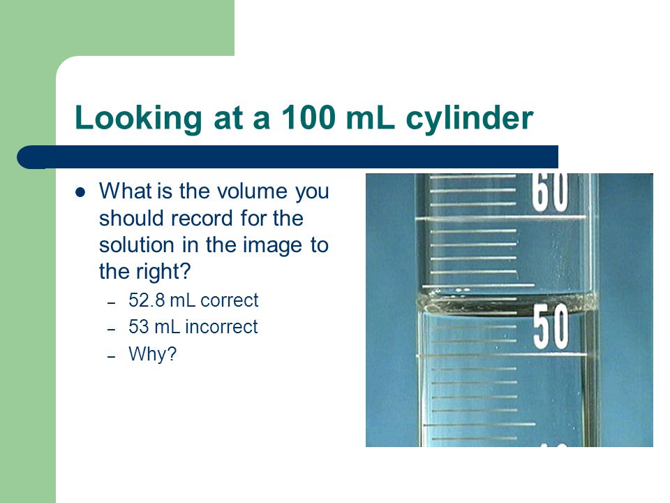 Looking at a 100 mL cylinder What is the volume you should record for the solution in the image to the right.