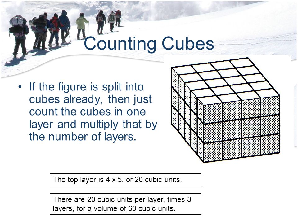 Counting Cubes If the figure is split into cubes already, then just count the cubes in one layer and multiply that by the number of layers.