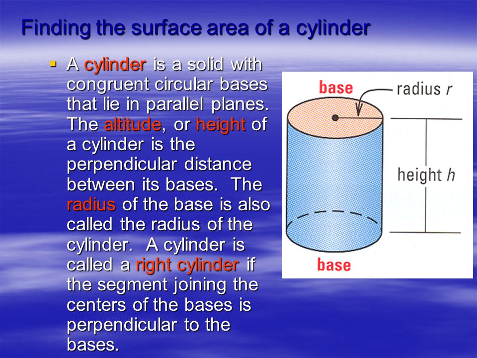 Finding the surface area of a cylinder  A cylinder is a solid with congruent circular bases that lie in parallel planes.