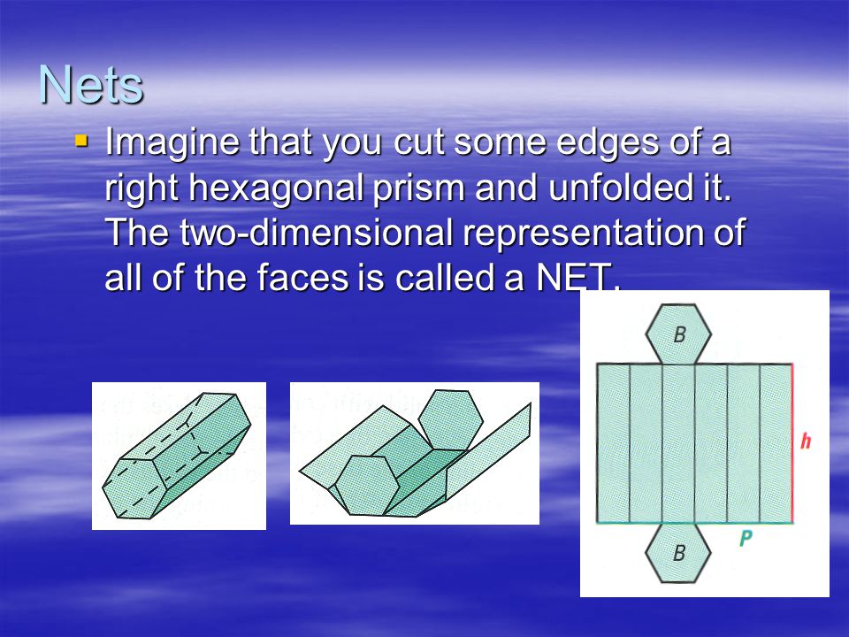 Nets  Imagine that you cut some edges of a right hexagonal prism and unfolded it.