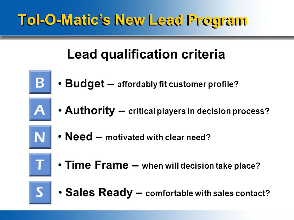 Tol-O-Matic’s New Lead Program Lead qualification criteria Budget – affordably fit customer profile.