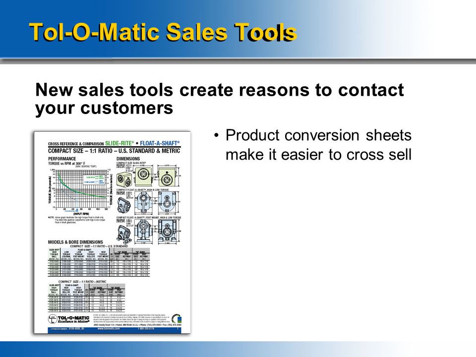 Tol-O-Matic Sales Tools New sales tools create reasons to contact your customers Product conversion sheets make it easier to cross sell