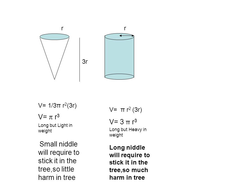 r 3r V= 1/3π r 2 (3r) V= π r 3 Long but Light in weight Small niddle will require to stick it in the tree,so little harm in tree V= π r 2 (3r) V= 3 π r 3 Long but Heavy in weight Long niddle will require to stick it in the tree,so much harm in tree r