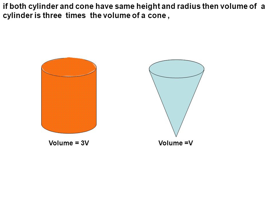 if both cylinder and cone have same height and radius then volume of a cylinder is three times the volume of a cone, Volume = 3V Volume =V