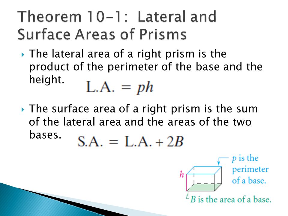  The lateral area of a right prism is the product of the perimeter of the base and the height.