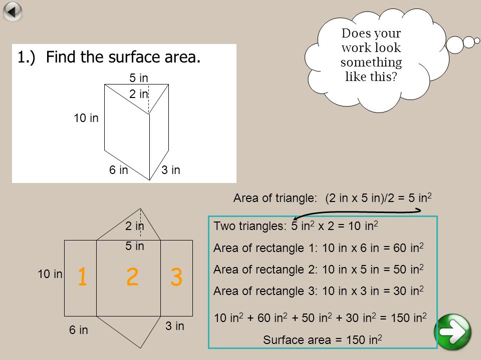 1.) Find the surface area. Does your work look something like this.